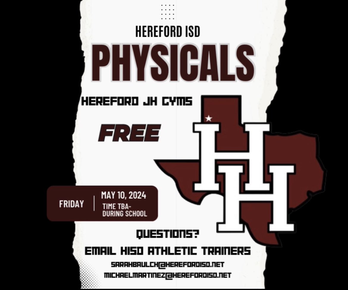 Free physicals for the 2024-2025 school year have been scheduled for Friday, May 10 during the school day. Physicals will take place during the students Athletic, PE period or band