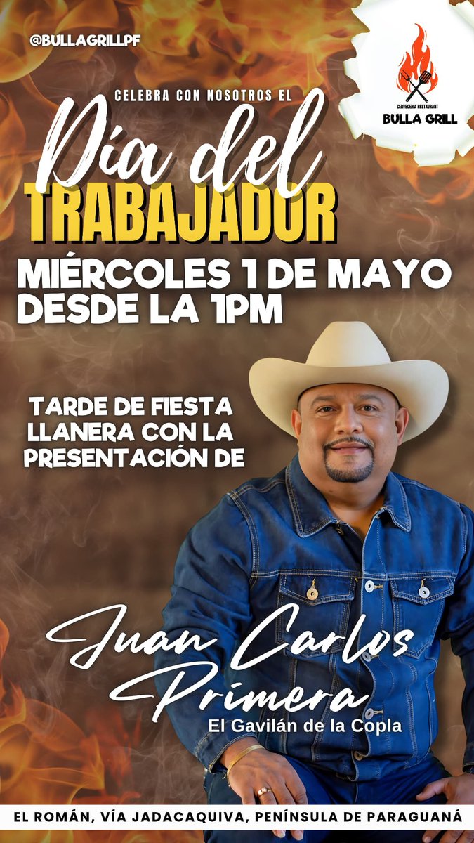 Juan Carlos Primera (@primeragavilan) on Twitter photo Nos vemos el 1 de mayo en Bulla Grill , Paraguaná el Román .Arpaaaaa Nos vemos el 1 de mayo en Bulla Grill , Paraguaná el Román .Arpaaaaa