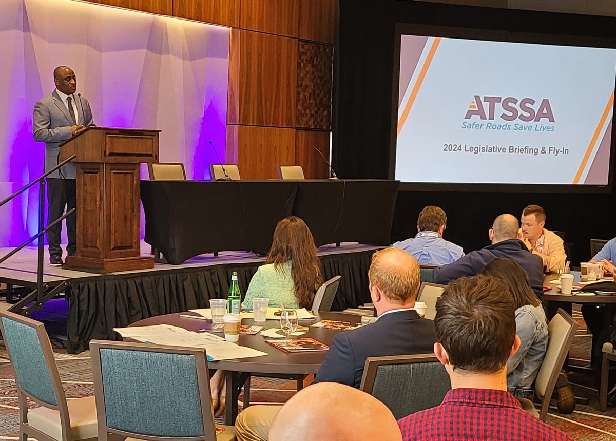 Edwin Okonkwo of @FHWA spoke to #ATSSA members at #ATSSAFlyIn about the Buy America Program and its impact on #roadwaysafety. He also addressed questions regarding transitional waivers for electric vehicles chargers. #SaferRoadsSaveLives