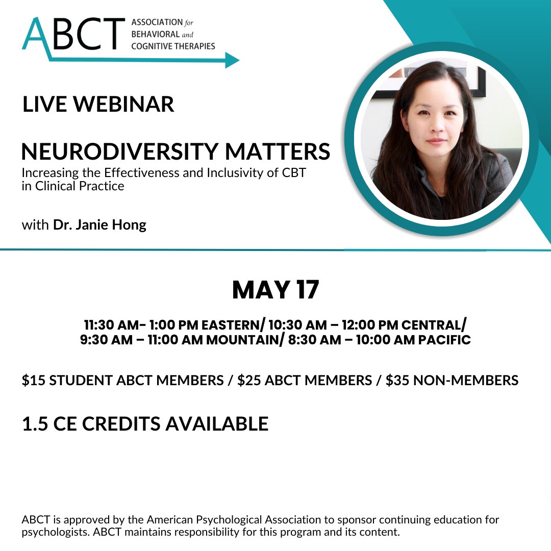 Join Dr. Janie Hong for a live webinar, 'Neurodiversity Matters: Increasing the Effectiveness and Inclusivity of CBT in Clinical Practice' on May 17, from 11:30AM-1:00PM Eastern time. To learn more and register for the webinar, visit our website here: ow.ly/LSPP50Rmyqs