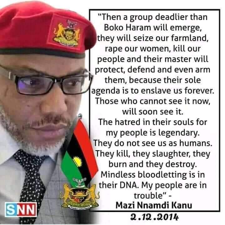 Fulani herdsmen are the main terrorist attacking and killing innocent people in their ancestral land in a bid to take over land  that belongs to indigenous people . 
#Say No to #Fulani herdsmen in the whole Eastern region.
#FreeNnamdiKanu
Support #ESN