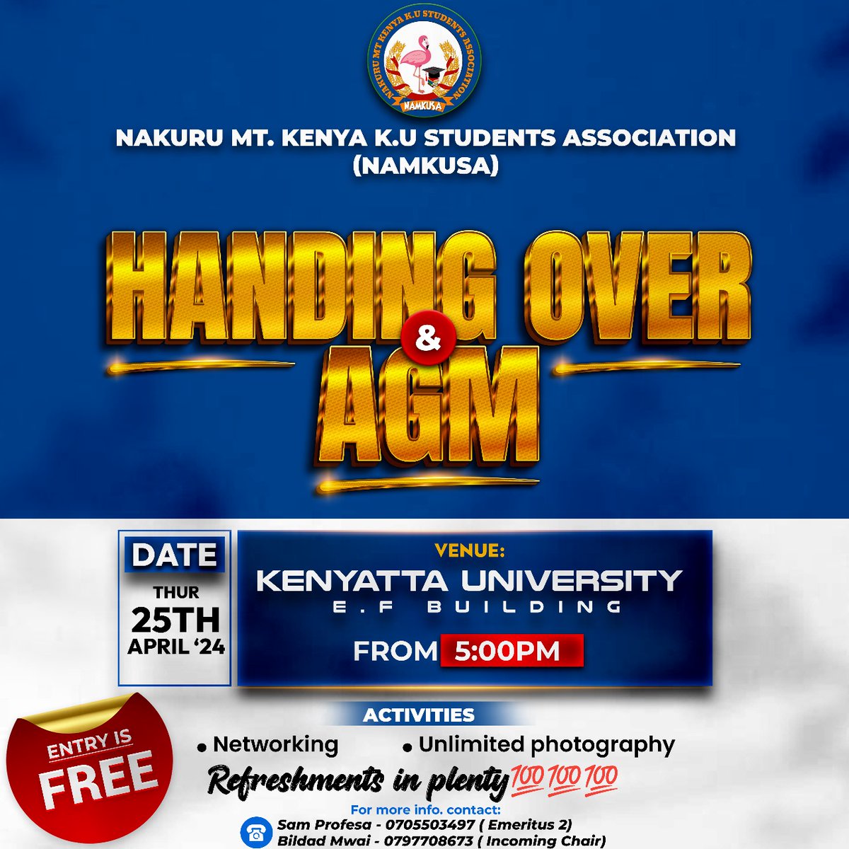 NAM_KUSA's tweet photo. The NAMKUSA AGM and Handing Over Ceremony 📌

This Thursday at EF from 5 PM ♥️ Refreshments in plenty 📌 Professional Photography ✅ Courtesy of the NAMKUSA board of financiers ✊🏾

All Nakuru County Comrades at KU and Friends of NAMKUSA are most welcome ♥️ https://t.co/JM1OWHr105