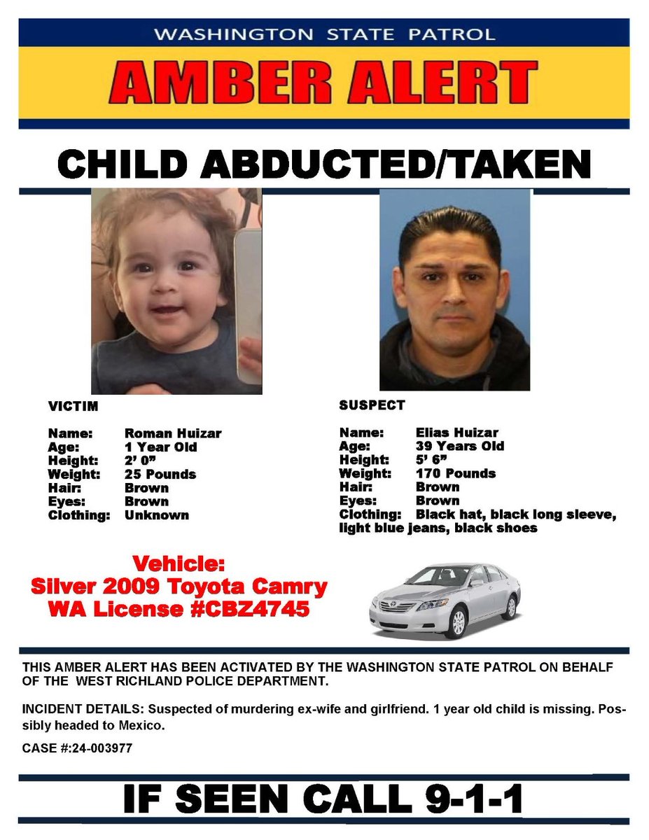 The #FBI and West Richland Police are looking Elias Huizar and his 1-year old son Roman. Huizar is a suspect in two homicides and may be driving a Silver 2009 Toyota Camry. If seen, call 911.