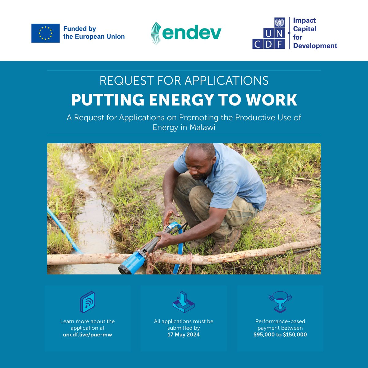 🎉Exciting opportunity in Malawi! 🌟 @UNCDF & EnDev are seeking established energy service companies to distribute productive use of energy solutions. 📅 Apply by May 17! 🔗 uncdf.live/pue-mw #CleanEnergy #SDG7 #ClimateAction