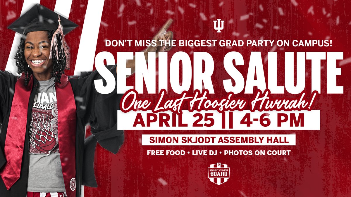 The biggest graduation party in Bloomington, the IU Senior Salute, is returning to Simon Skjodt Assembly Hall on April 25 from 4-6 p.m. This senior-only event features a tailgate, an exclusive tour of Assembly Hall, raffles, t-shirts, and more: bit.ly/3QaN4ra