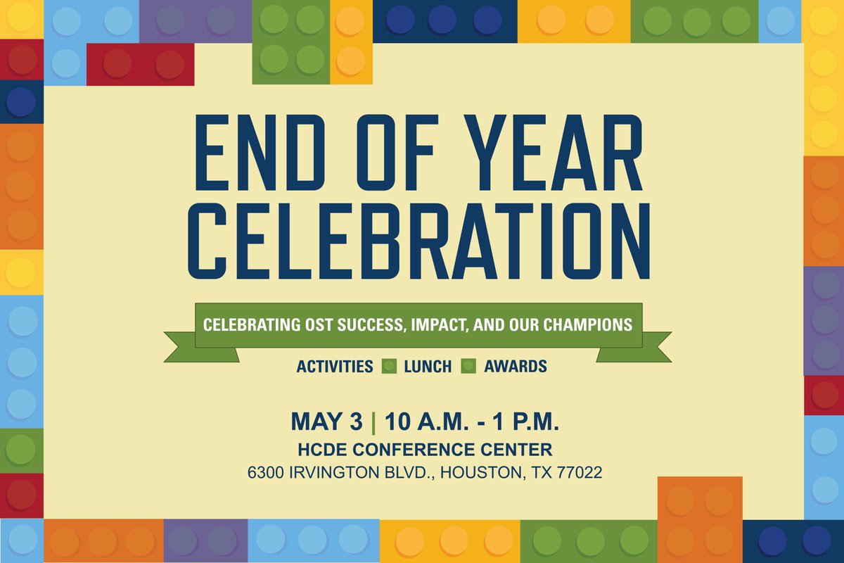 HCDE_CASE's tweet photo. Save the date!📅 Join us on May 3, 2024, for our End-of-Year Celebration and Spirit of Excellence Award ceremony, honoring the best in Harris County's OST Community. Don't forget to RSVP by April 29th! https://t.co/mfhmMpNxPR #MakingAfterschoolCool #OSTCelebration #OST https://t.co/AZKAN01Jxf
