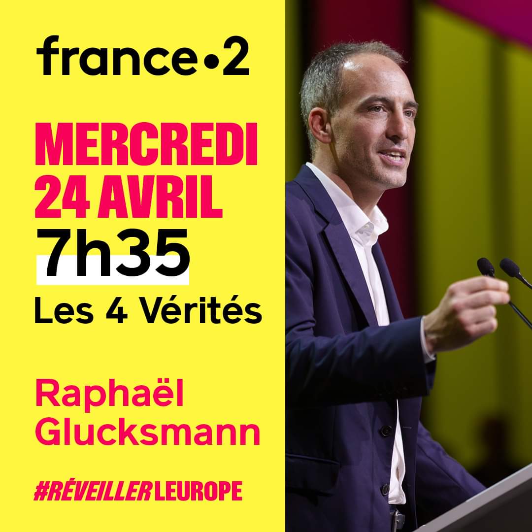 📺 Raphaël Glucksmann sera l'invité de #France2 dans l'émission Les 4 Vérités demain à 7h35

#Les4Verites #ReveillerLEurope 
#Europeennes2024