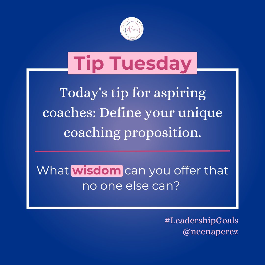 Tip Tuesday:
Today's tip for aspiring coaches: 
Define your unique coaching proposition. 
What wisdom can you offer that no one else can? 

#wisdomtowealth #coach #neenaperez #womenleaders #womenentrepreneurs #womeninbusiness #coachbusiness #wealthmindset #tiptuesday