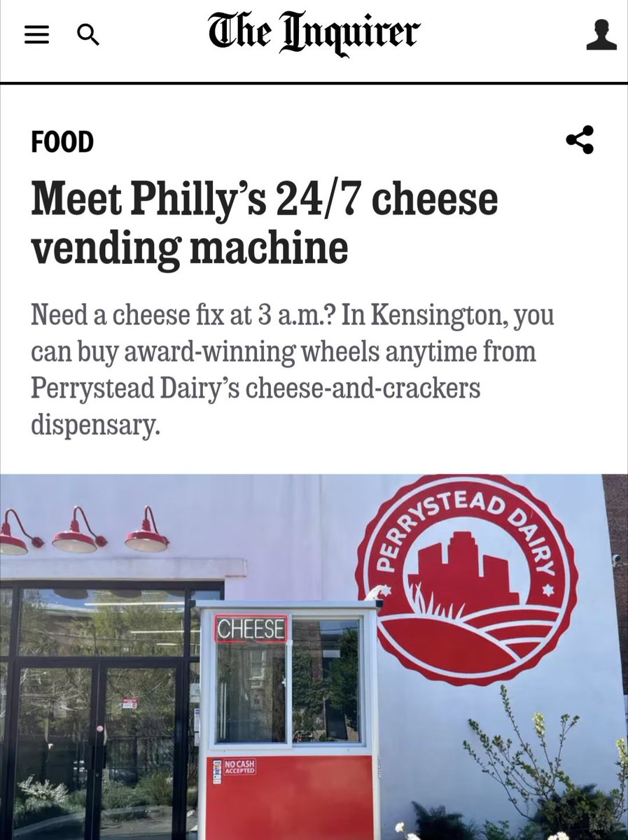 This is the 'greatest city in the world' tweet to end all 'greatest city in the world' tweets Philadelphia has a 24/7 cheese vending machine and our paper of record has a feature-length profile personifying it