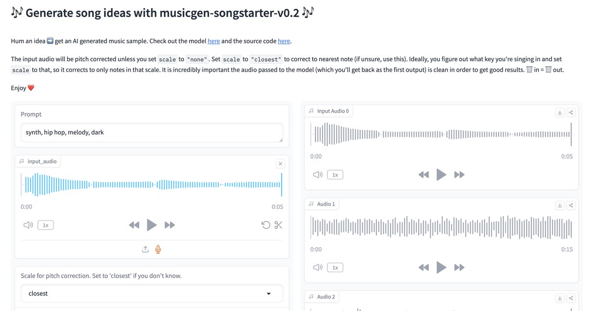 Singing songstarter featured on @huggingface spaces this week! 🚀 Give it a try :) 🎤Sing an idea ➡️ AI Music Sample 🎶 👉 huggingface.co/spaces/nateraw…