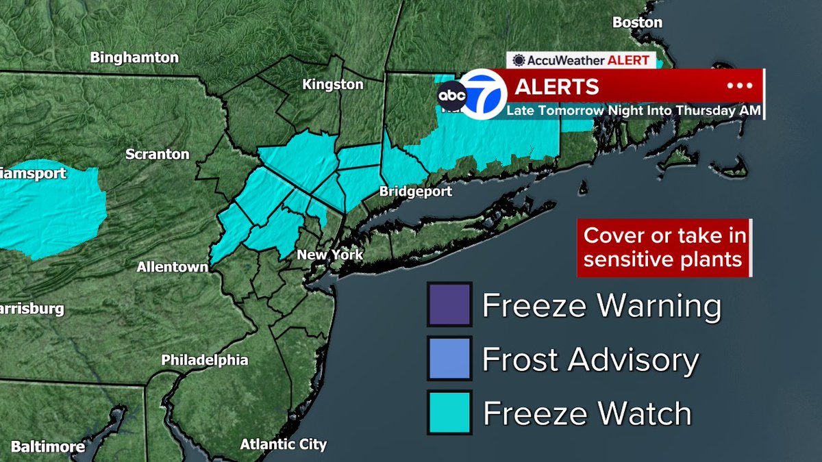 Freeze Watch late tomorrow night into Thursday morning for many NW suburbs @abc7ny