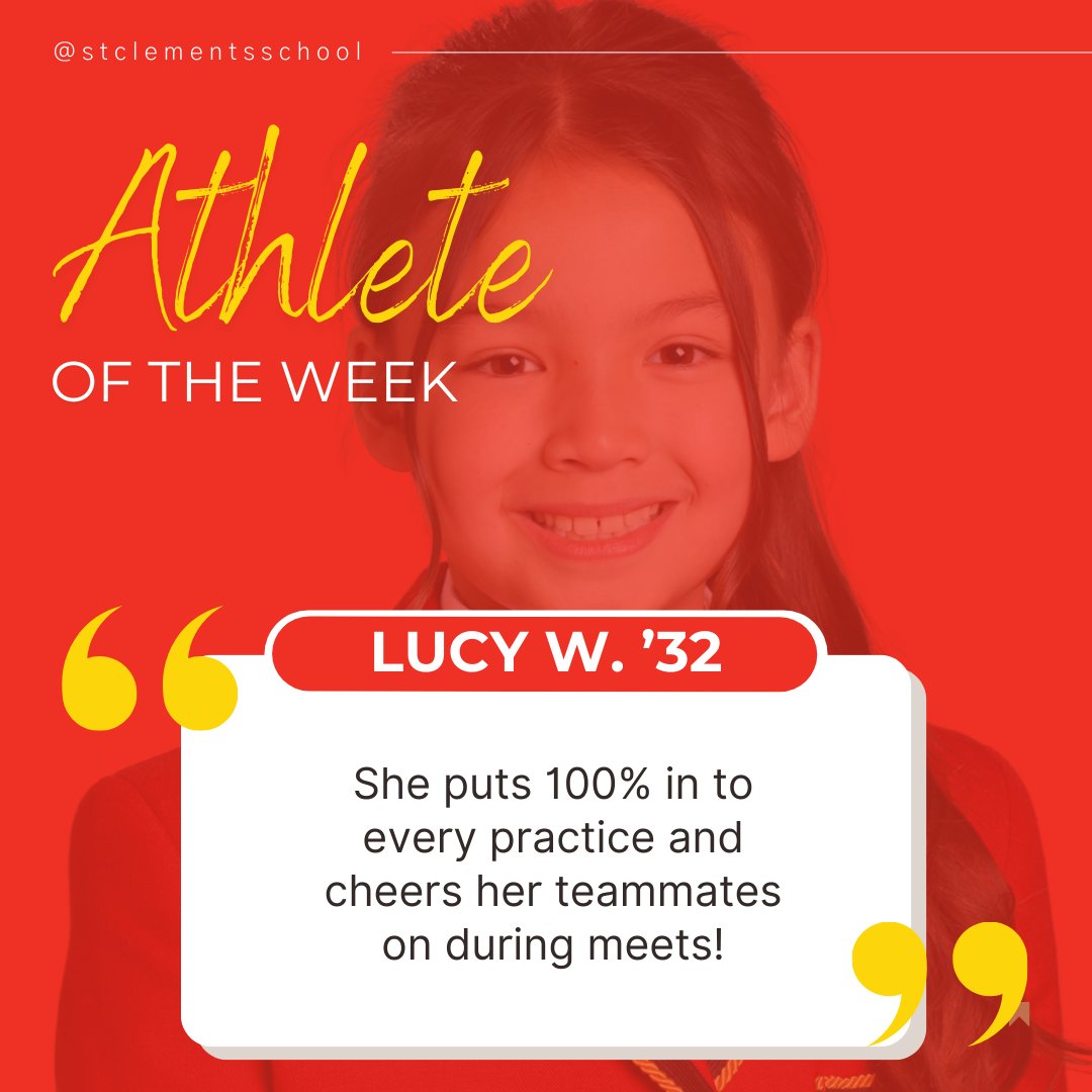 Our athlete of the week is Lucy W. '32 from our Pee Wee Track and Field Team. Lucy puts 100% into every practice and always cheers for her teammates as well. Thanks for your positive attitude, Lucy! ☀️