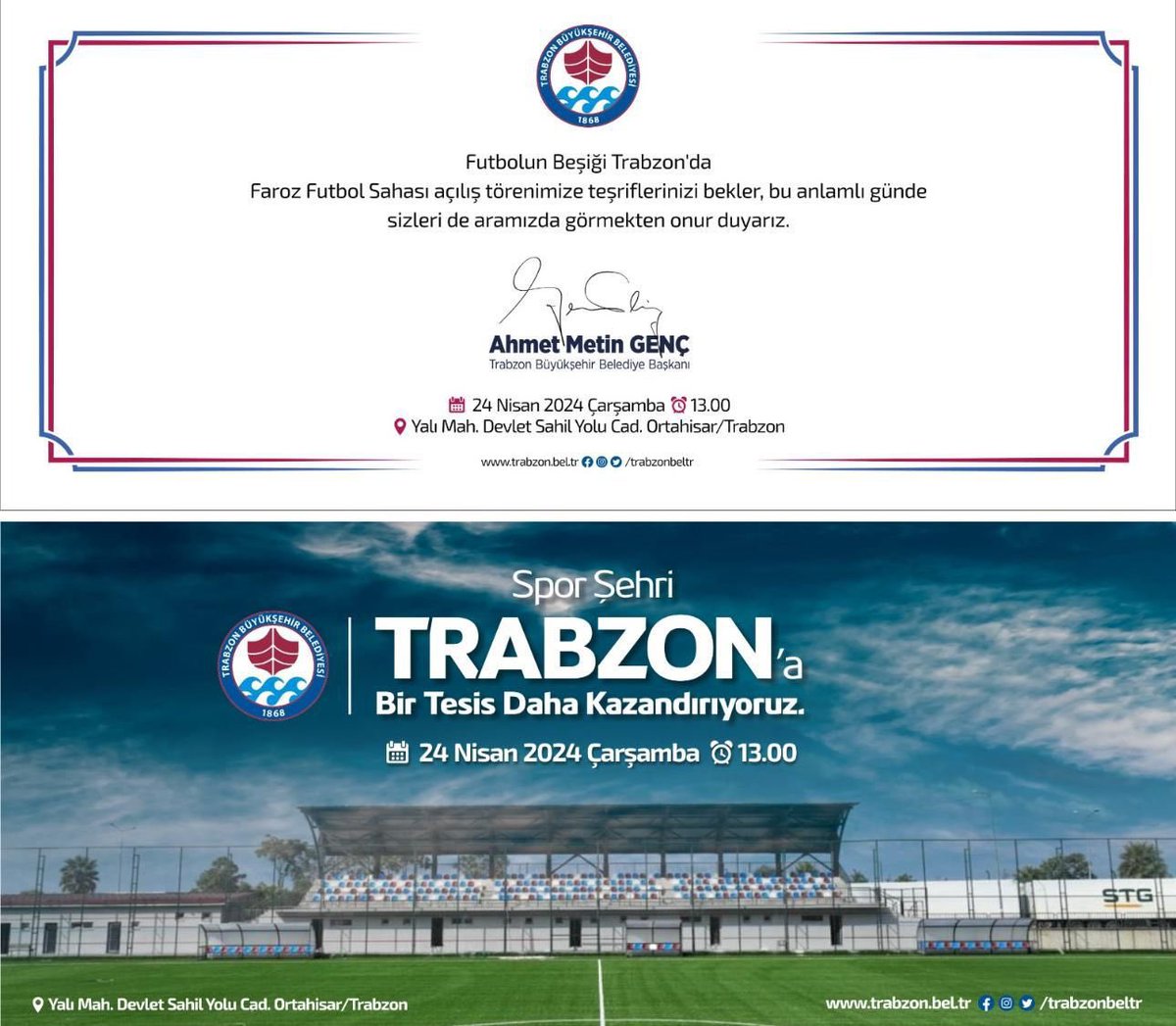 Futbol şehri #Trabzon’a kazandırmaktan onur duyduğumuz Faroz Futbol Sahamızın açılış törenine davetlisiniz. ⚽️ 🗓️ Yarın ⏰ 13.00 📍Yalı Mahallesi