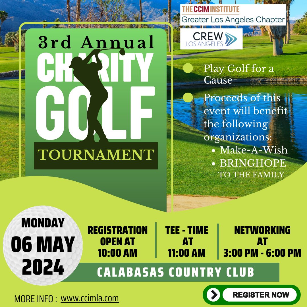 Just a few days left until our 3rd Annual Golf Tournament at the beautiful Calabasas Country Club.  🏌️‍♂️⛳  

Get ready to tee off in style, register now or sponsor this event! ccimla.com/may_6_2024_-3r…   

#GolfTournament #CharityGolf #CalabasasCountryClub #CCIM #CREWLA #CCIMLA