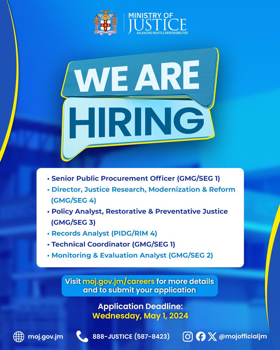 mojofficialjm's tweet photo. π’ Career Opportunities!
The application period has been extended.
Join our #FirstClassTeam by applying online at https://t.co/84gLC3pWdD
#FirstClassJusticeSystem https://t.co/nGWytQpo6h