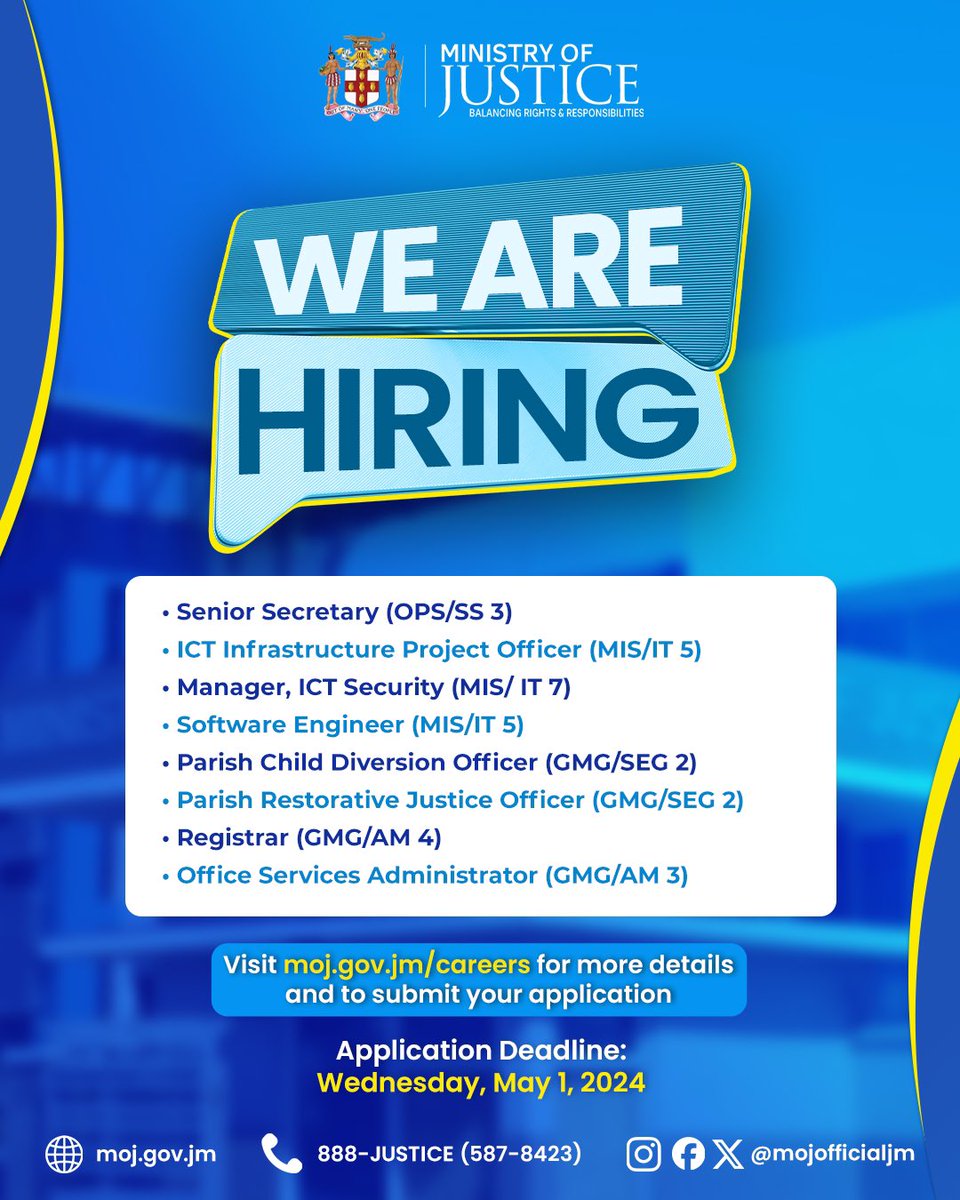 mojofficialjm's tweet photo. π’ Career Opportunities!
The application period has been extended.
Join our #FirstClassTeam by applying online at https://t.co/84gLC3pWdD
#FirstClassJusticeSystem https://t.co/nGWytQpo6h