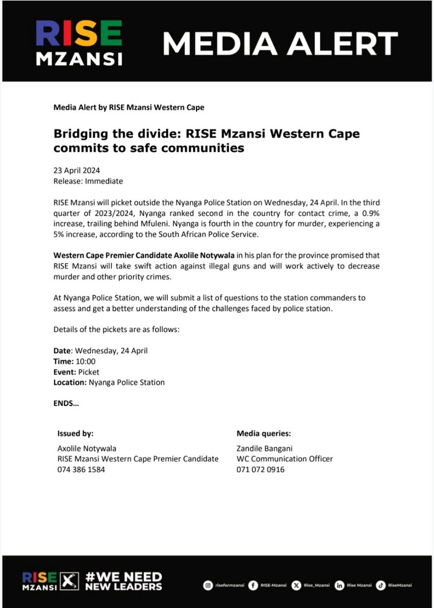 [MEDIA ALERT] 'Bridging the divide: RISE Mzansi Western Cape commits to safe communities'  

#AxolileForWCPremier #WeNeedNewLeaders