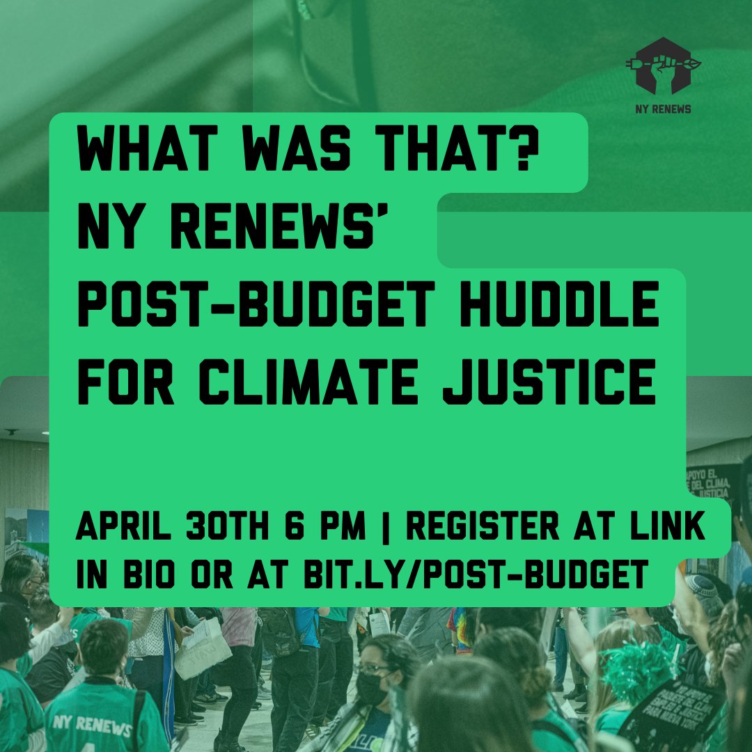Everyone knows it. This year’s budget was outrageous. Our leaders made NO attempt to address NY's climate or affordability crises at scale. If you’re mad too, join @nyrenews’ mass call on 4/30 at 6pm to debrief the budget and talk about what comes next. bit.ly/Post-budget