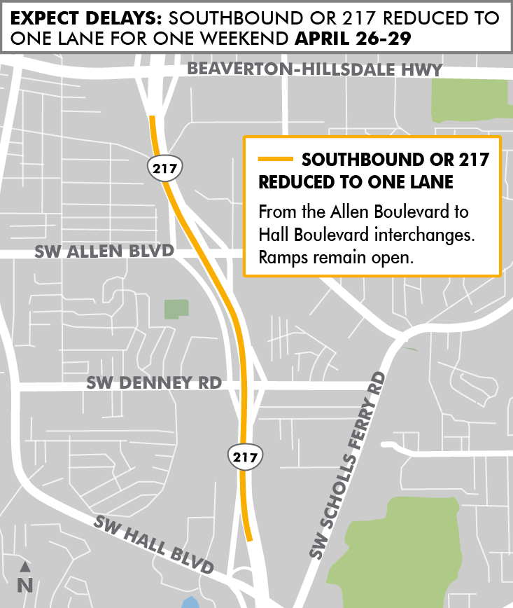 ATTN #Beaverton and #Tigard travelers: Southbound OR 217 will be reduced to one lane from Allen Blvd to Hall Blvd for one weekend, starting 9 p.m. Fri, Apr. 26 through 5 a.m. Mon, Apr. 29. Expect delays. Learn more at: hwy217.org #pdxtraffic #217AuxLanes