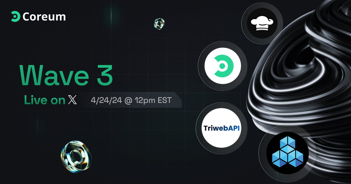 Join #Coreum and Wave 3 Grantees @AnChainAI, @TriwebAPI, & @cookbook_dev for an in-depth conversation with founders and their projects as they build on the #superledger. 🗓️ Tomorrow - 4/24/24 @ 12PM EST 📌 Set reminders: twitter.com/i/spaces/1vAxR… #BuildOnCoreum