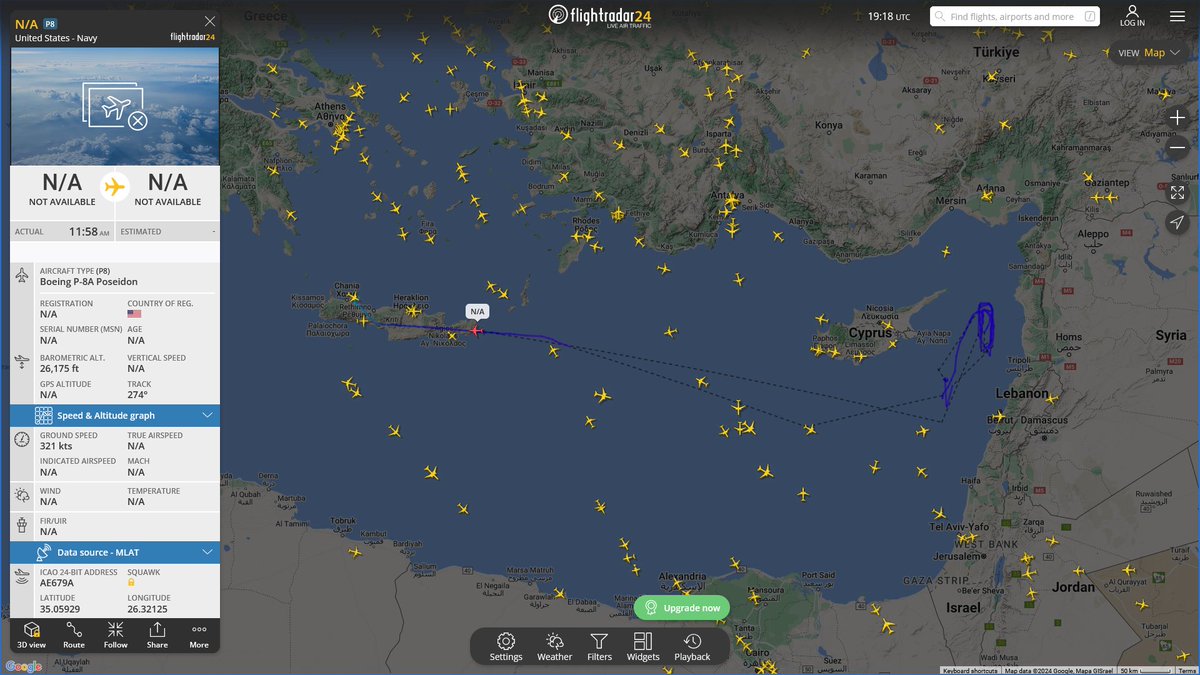 Apr. 24, 2024
#Souda Bay NAS #Mediterranean Sea #Lebanon-Syria-Israel offshore

#NoCALLSIGN #AE679A USN P-8A Poseidon