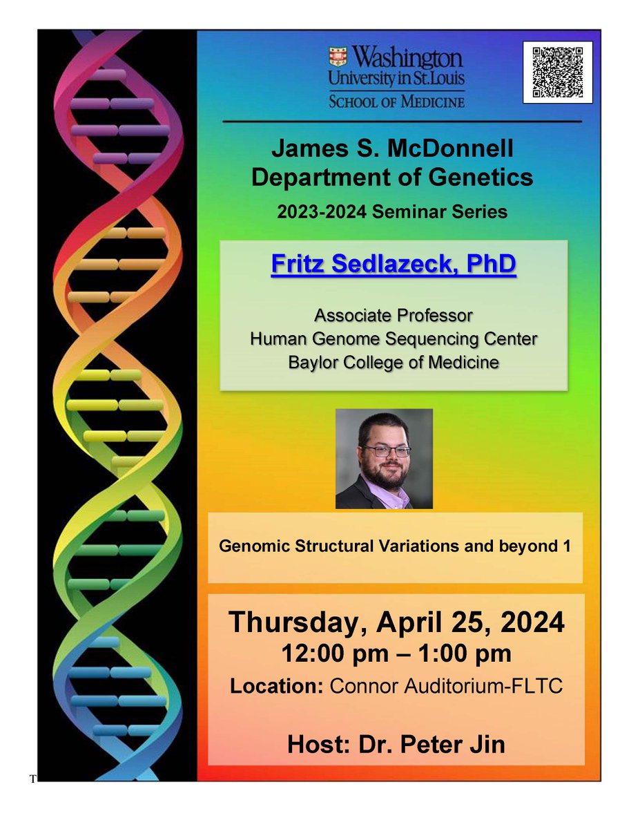 Join @WashUGenetics today @ Noon CST in Connor Auditorium when Dr. Fritz Sedlazeck @sedlazeck, presents (in-person only) “Genomic Structural Variations and beyond 1”, hosted by Dr. Peter Jin @PETERJIN999