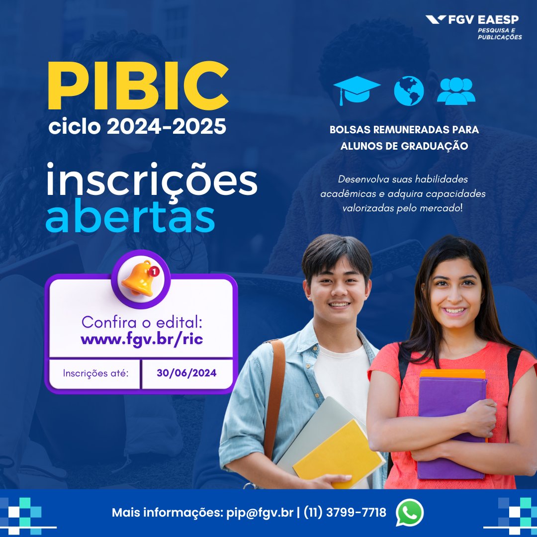 Hey! Você é estudante da graduação e quer ganhar uma bolsa de pesquisa remunerada? Então se inscreva no #PIBIC, o programa de iniciação científica da #FGVEAESP. Inscrições até 30/06/2024. Acesse: periodicos.fgv.br/ric/pibic