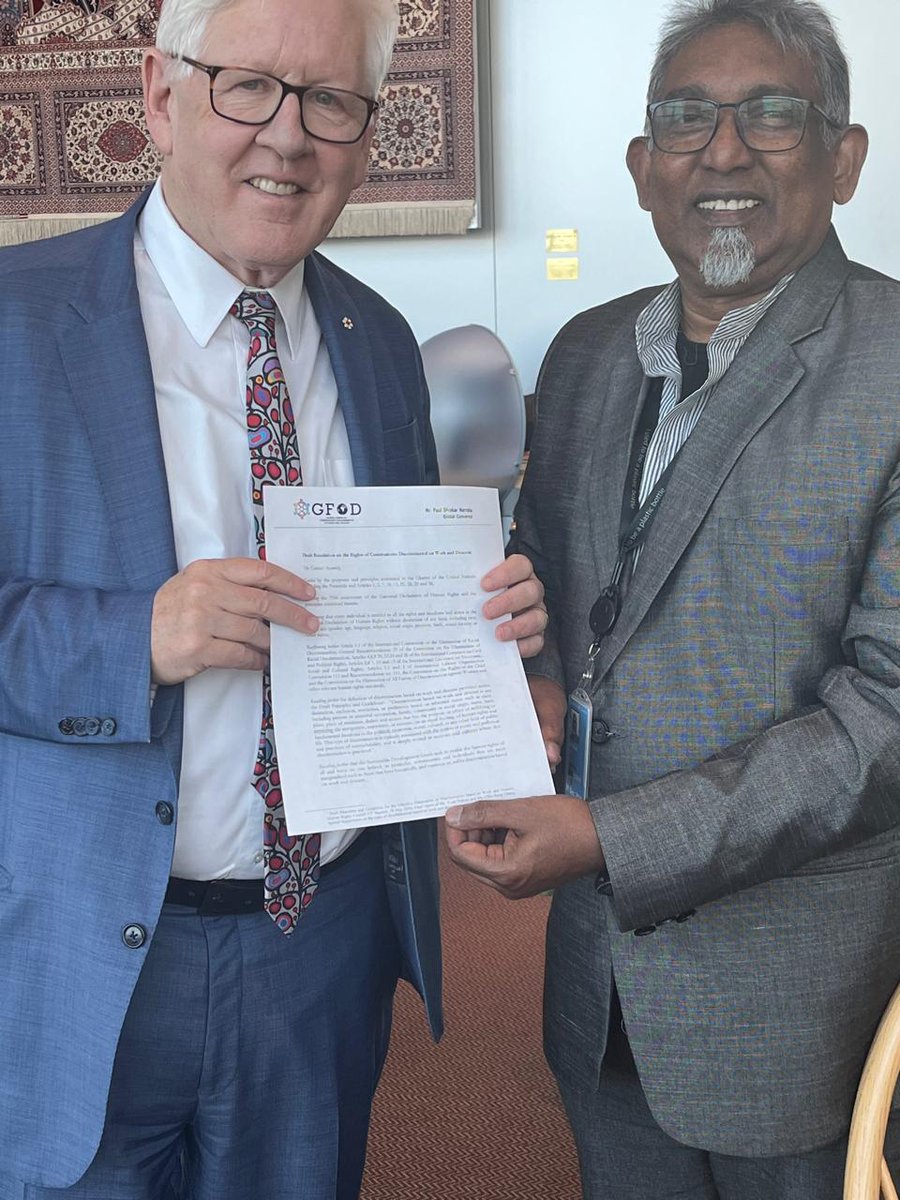 GFoD convener @PaulDivakarN presenting the appeal for Declaration on the Rights of the Communities Discriminated on Work and Descent #CDWD to H.E @BobRae48, Ambassador @CanadaUN in #NY. With support and solidarity, we aim to move closer to our goal of a UN #Declaration #FfDForum