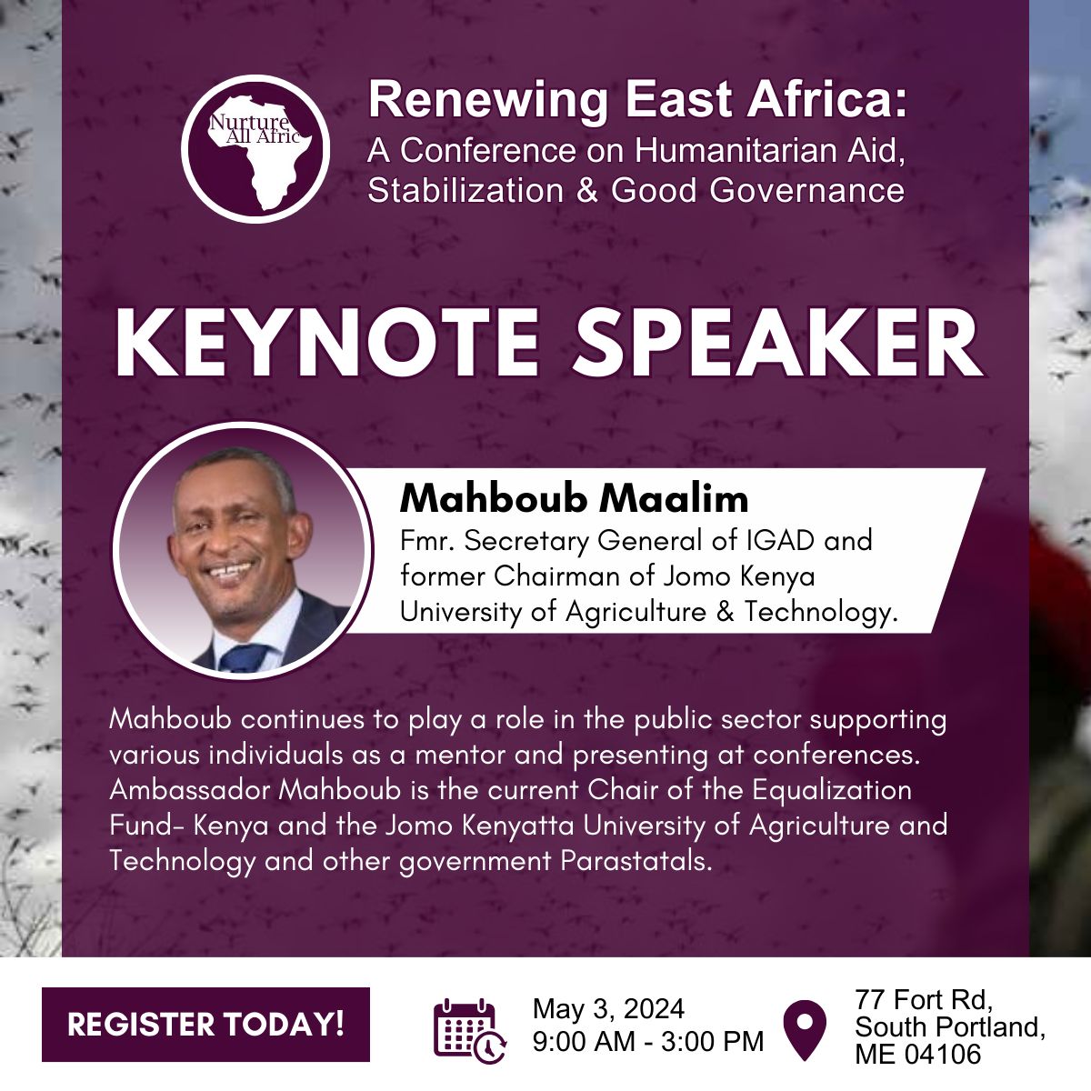 Join us at the Renewing East Africa Conference on May 3rd! Hear firsthand insights from keynote speaker Mahboub Maalim, Former Secretary General of IGAD. 

Register for the event today at: lnkd.in/gFbX3Mt9

#RenewingEastAfrica #SocialImpact