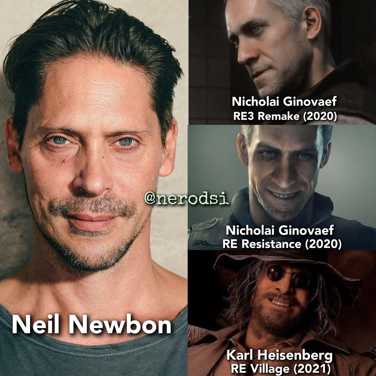 Neil Newbon is the voice actor for Nicholai Ginovaef in RE3R (2020) & RE Resistance (2020) + the voice of Karl Heisenberg in REVillage (2021) 

(Made by me) 

#ResidentEvil #REBHFun #REBH28th #ResidentEvil3 #ResidentEvil3Remake #REVillage #ResidentEvilVillage #Biohazard #Capcom