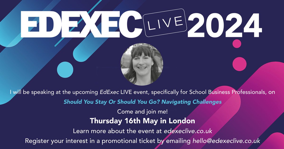 I'm pleased to announce I'll be presenting at this year's @edexec Live South. If you're unhappy in your SBL role how do you know if this can change or if it's time to seek a new challenge? I'll share my experiences & talk strategy to help you thrive in your career. #sbltwitter