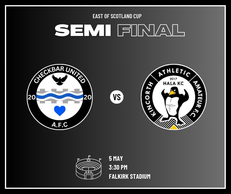 Checkbar United AFC (@checkbarutdafc) on Twitter photo Date for the diary👀
05/05/2024 - <a href="/ScotAmFAEastS/">SundayEastofScotland</a> Cup Semi Final🏆
🆚@Kincorth_AFC
⏰3:30pm Kick-off
🏟️Falkirk Stadium
The biggest game in the club’s history lined up as we look to book our place in the final, facing Aberdeen based side Kincorth in the semis. Date for the diary👀
05/05/2024 - <a href="/ScotAmFAEastS/">SundayEastofScotland</a> Cup Semi Final🏆
🆚@Kincorth_AFC
⏰3:30pm Kick-off
🏟️Falkirk Stadium
The biggest game in the club’s history lined up as we look to book our place in the final, facing Aberdeen based side Kincorth in the semis.