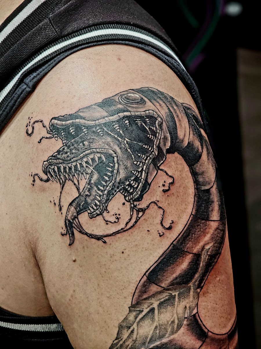 Beetlejuice Sandworm by @juicyinktattoos Summertime is approaching! Get your next appointment in by emailing us at countstattoo@gmail.com 🏝️🪱 @DannyCountKoker @CountsKustoms