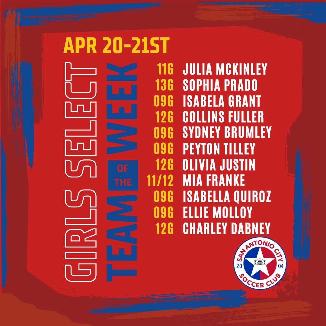 sacitysc's tweet photo. 📢 #TOTW 🌟 Check out our Girls Select Team of the Week for April 20-21st 🌟

🔵🔴
#Protect210 #BuildingTheCITY #SACityProud https://t.co/84Yb1pdLZ6