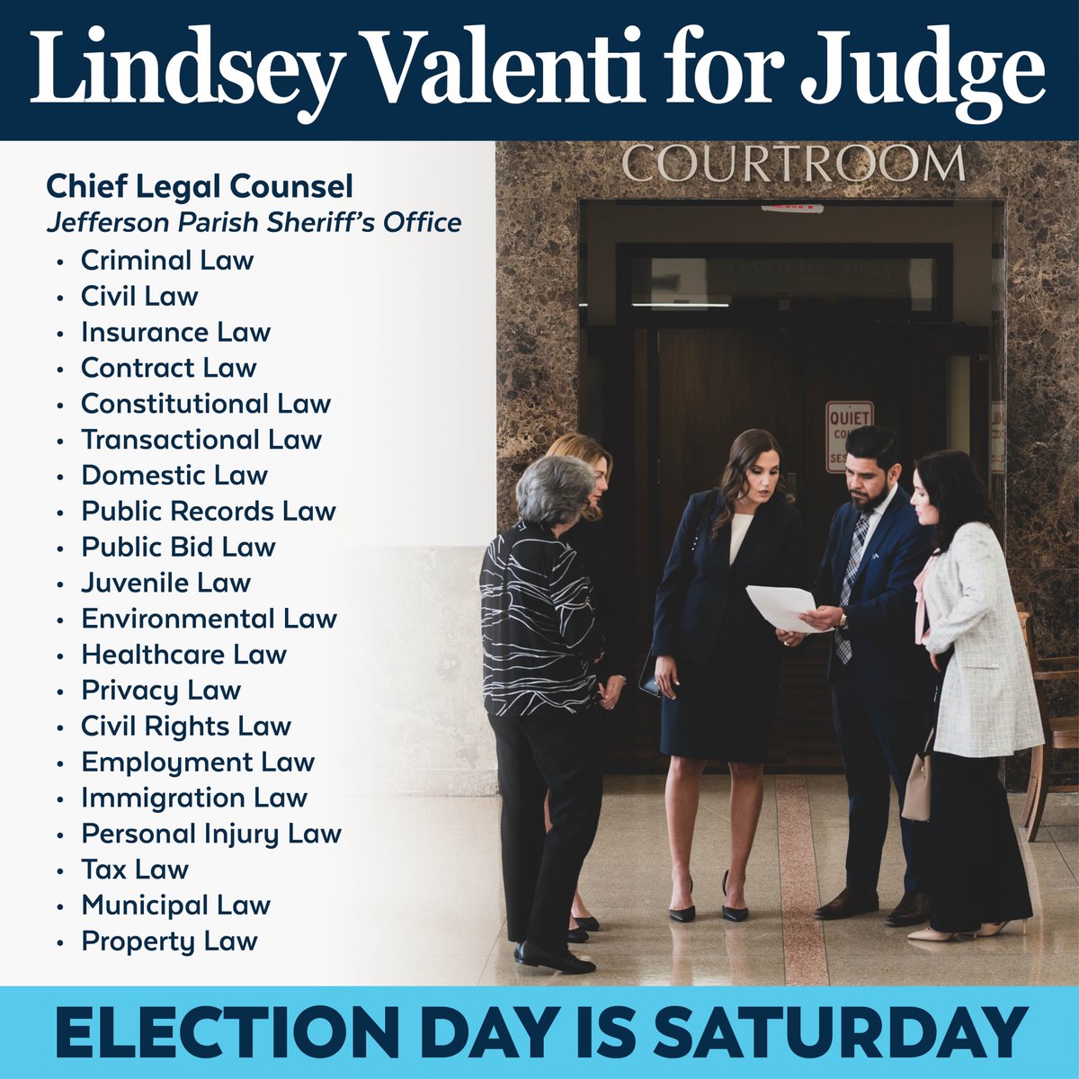 Lindsey Valenti has the experience in multiple disciplines of law to make a difference as Judge. With her extensive and broad command of the law, she is the ideal candidate to serve as Judge in the 24th JDC.