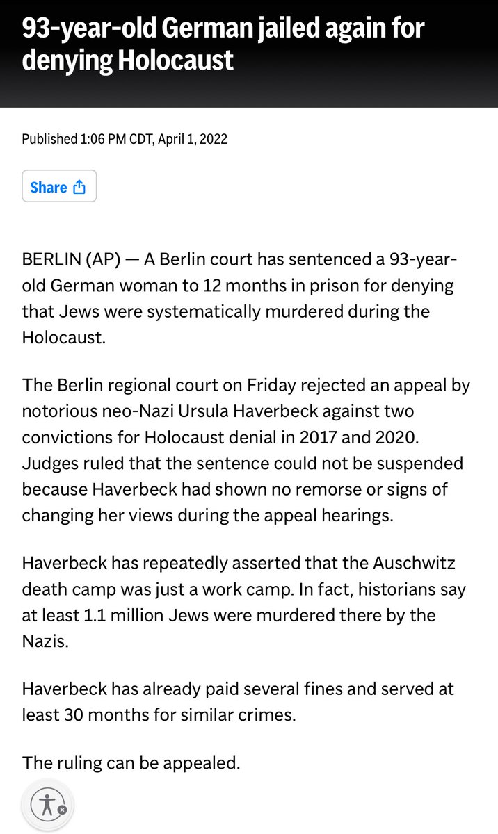 This German woman did 10 months prison at age 87 for denying The Holocaust. She got sent to prison again at age 93 for 12 months for still denying it. This is absolutely disgusting, especially when you find out how much they’ve lied.