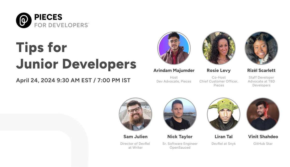 Don't forget! We're back with another Twitter Space tomorrow sharing Tips for Junior Developers. We're excited to hear from @blackgirlbytes and @Rosie_at_Pieces in addition to our guests, @samjulien, @nickytonline, @liran_tal, and @Vinit_Shahdeo! 🗓️ April 24th, Wednesday ⏰