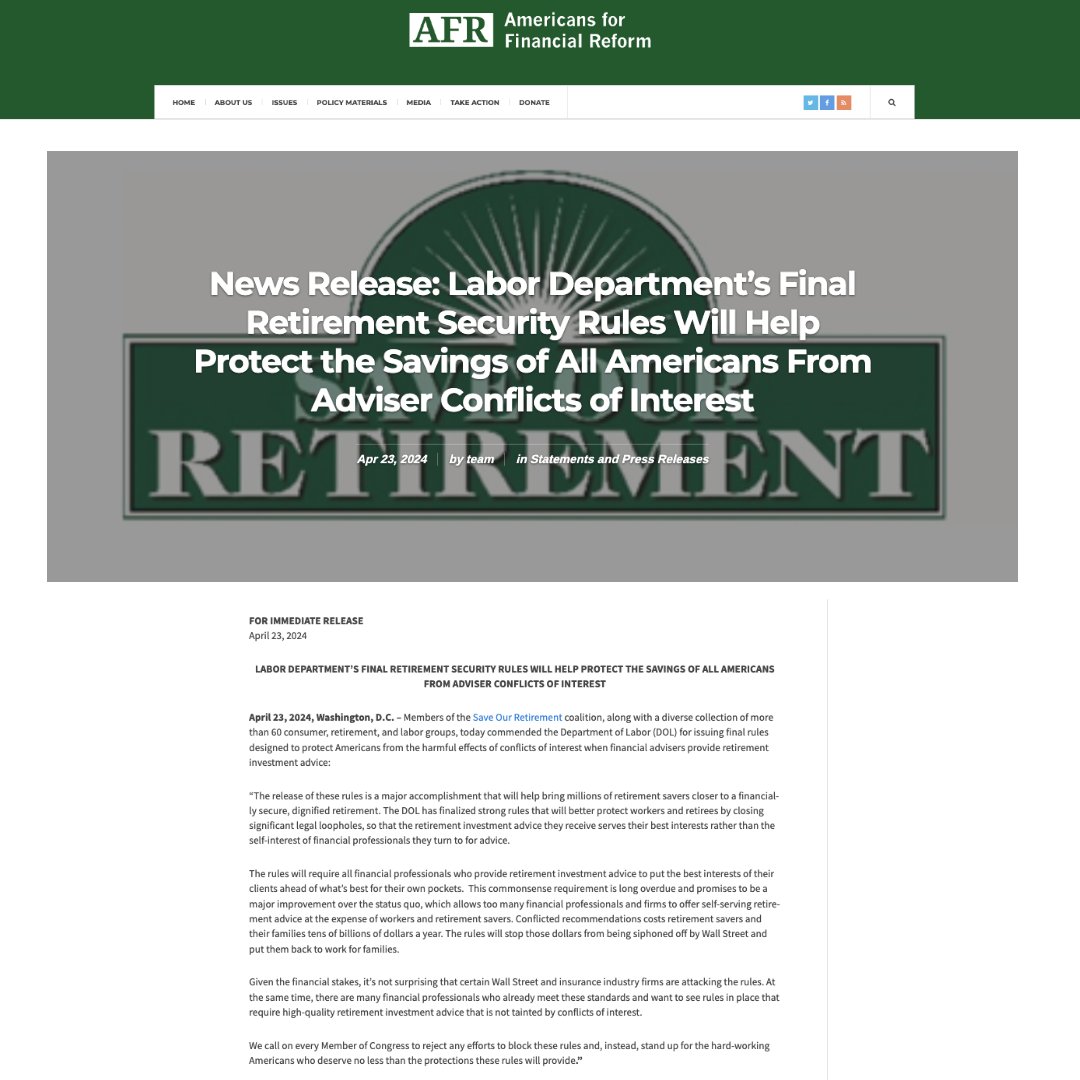 News Release: Labor Department’s Final Retirement Security Rules Will Help Protect the Savings of All Americans From Adviser Conflicts of Interest ourfinancialsecurity.org/2024/04/news-r…