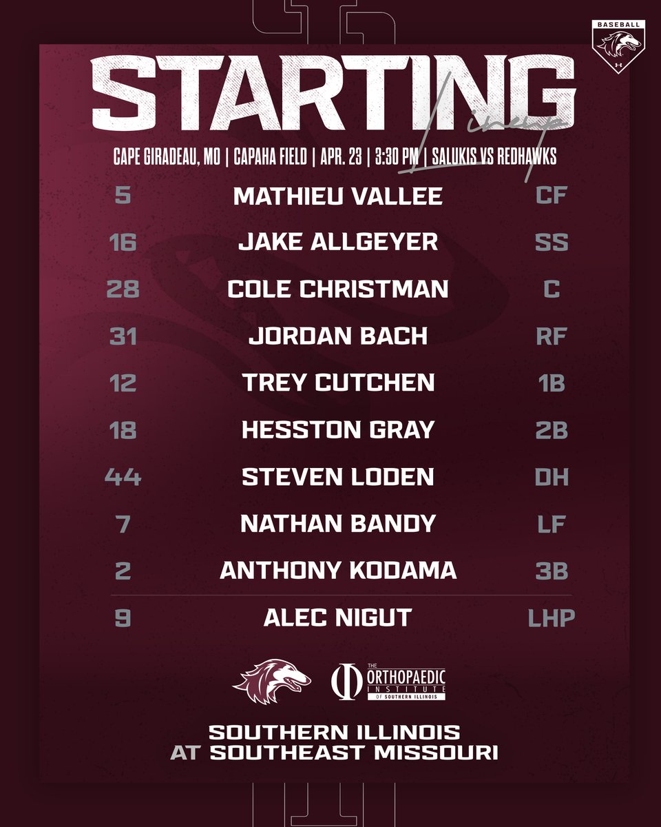 The lineup is in and we're just about set to go from Capaha Field! ESPN Plus | saluk.is/3Jx2fXP Live Stats | saluk.is/44fxMHu #Salukis | #DawgBall