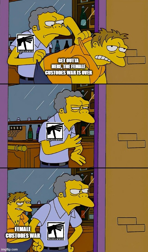 kpa421's tweet photo. Today's meme from earlier, I forgot to repost it. Throw meme far, Moe! @warhammer #warhammer #FemaleCustodes #custodes #GamesWorkshop #3dprinting https://t.co/34aR8m9HSU