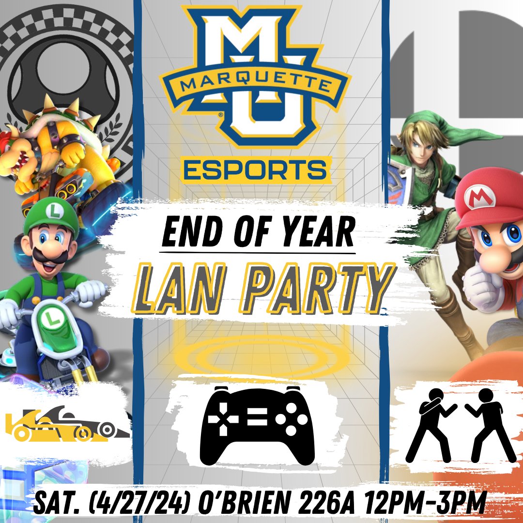 There is one final event this semester. A LAN party is being hosted in O'Brien Hall 226 from 12 PM-3 PM. All are encouraged to bring whatever console they want as we will have TVs for you (limited amount so first come first serve, multiplayer games only for the TVs).