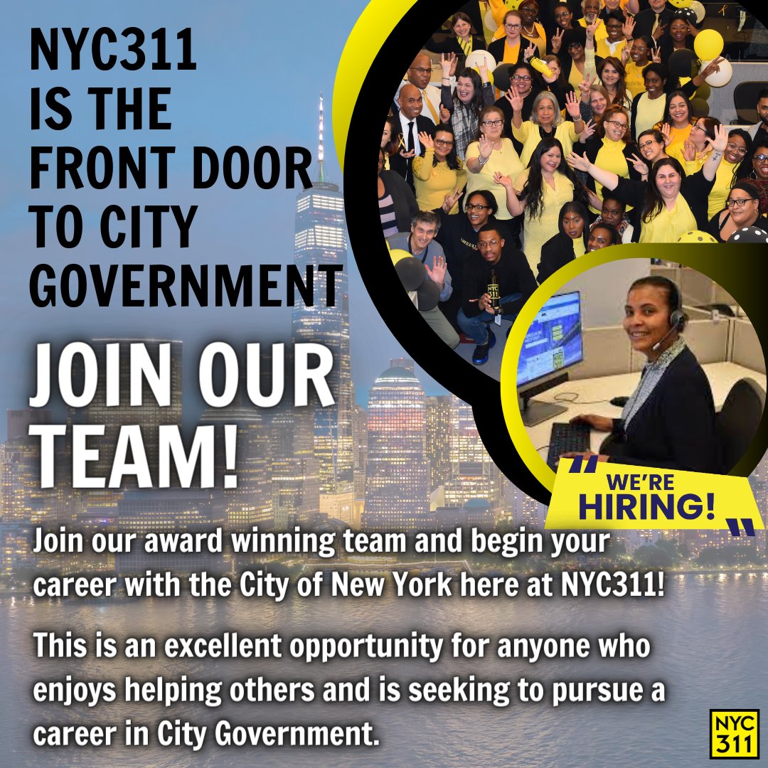 We're #hiring! NYC311 is the front door to your career with City Government. Find more info & apply for Call Center Representative Exam 4025 at on.nyc.gov/CityJobs. As a CCR, you'll join an award-winning team of problem solvers dedicated to outstanding customer service.