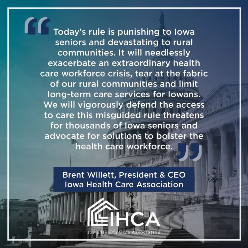Yesterday's <a href="/CMSGov/">CMSGov</a> final nursing home staffing mandate rule means there are more than 2,300 Iowans whose care setting is threatened with extinction. Every American should be outraged. The facts + our statement: