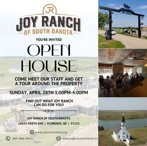 Open House Sunday (1-4 PM CT) for Joy Ranch of SD in Florence, SD. Come on out and have a look. Joy Ranch is amazing 126 acre destination w/ mission to Help those in need through equine therapy. Available to host weddings/family events/business mtgs. Info: joyranchofsd.org