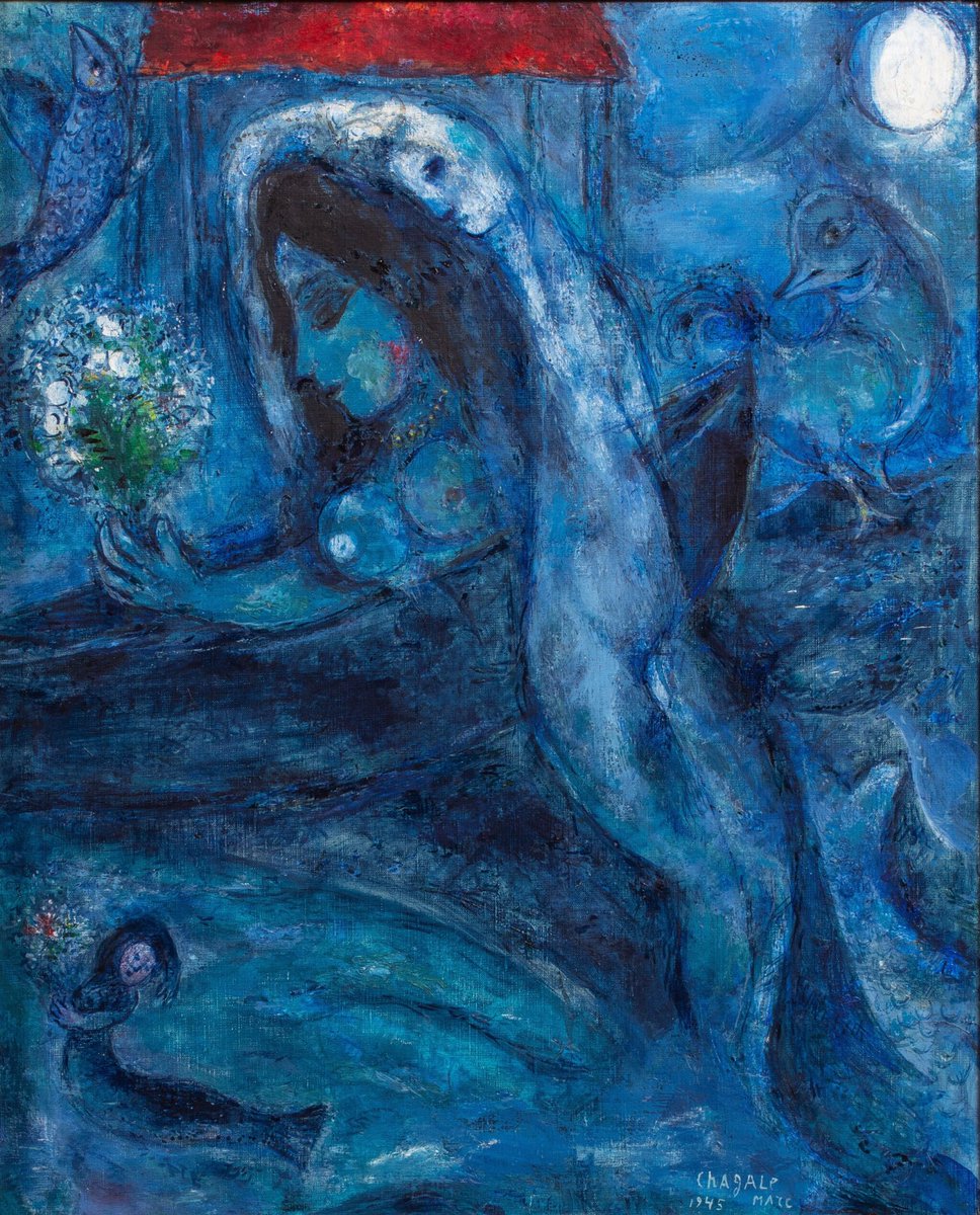 gsirma's tweet photo. Chagall mavisi💙

Denizle gökyüzünün birbirine karıştığı maviliğin içinden ay ve beyaz buket çıkıyor. Chagall'ın en sevdiği motiflerin mükemmel, zarif ve iyimser bir sentezi olan 1945 tarihli‘Deniz’ eseri, sanatçının aşk, kayıp ve umuda olan inanç deneyiminin güçlü bir örneği. https://t.co/kvrMSrWdT2