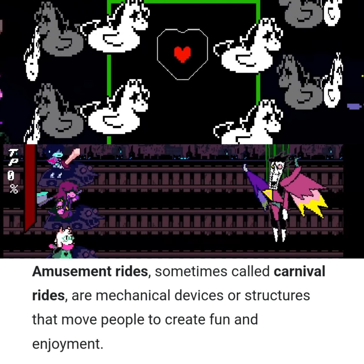 Underrated DR secret boss pattern that I LOVE is the idea that they're all direct entertainment-related. Jevil is a court jester (whose job is to entertain) and uses carousels as attacks. Spamton is a puppet (Puppetry, theatre) and fights you on a roller coaster