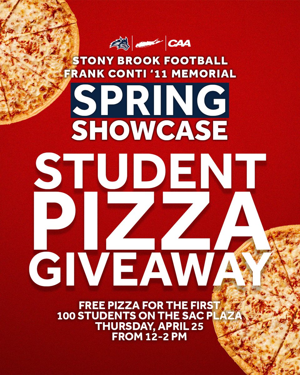 𝗙𝗥𝗘𝗘 𝗣𝗜𝗭𝗭𝗔 𝗙𝗢𝗥 𝗦𝗧𝗨𝗗𝗘𝗡𝗧𝗦 🍕 Join us this Thursday as we will be giving out FREE pizza to the first 💯 @stonybrooku students on the SAC Plaza from 12-2 PM! 🌊🐺 x #As1