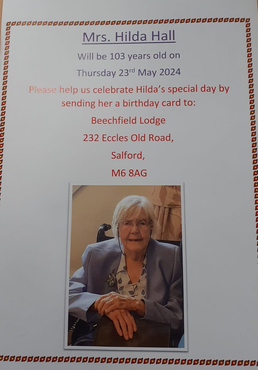 Mrs Hilda Hall will be 103 Years old on
Thursday 23rd May 2024.
Help us to celebrate Hildas special birthday by sending her a card🎂🍾🥂
@AnchorLaterLife @RachelDoddSmit2 @Steve_Vessey #HappyBirthday