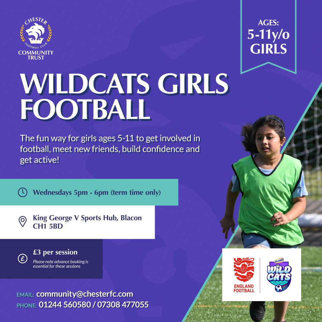 ⚽️ Weetabix Wildcats is perfect for girls aged 5-11 who want to start playing football or build confidence. 📆 Sessions run on Wednesdays at 5pm and you can try it for FREE by emailing community@chesterfc.com. Book here 🔗 bit.ly/3Pt8sbe