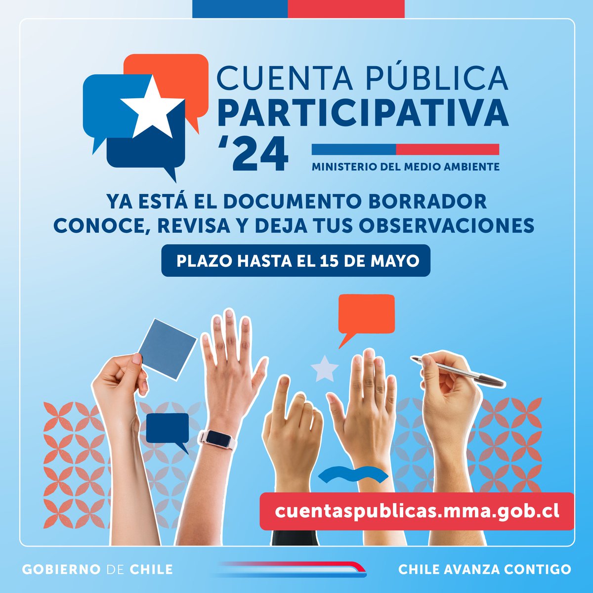 🔹Se acerca la Cuenta Pública Participativa del <a href="/MMAChile/">Ministerio del Medio Ambiente</a> y nos interesa tu opinión, recibir tus aportes y/o tus observaciones.

😀 Revisa la propuesta y déjanos tus sugerencias.

¡Te esperamos hasta el 15 de mayo en  cuentaspublicas.mma.gob.cl! 📲